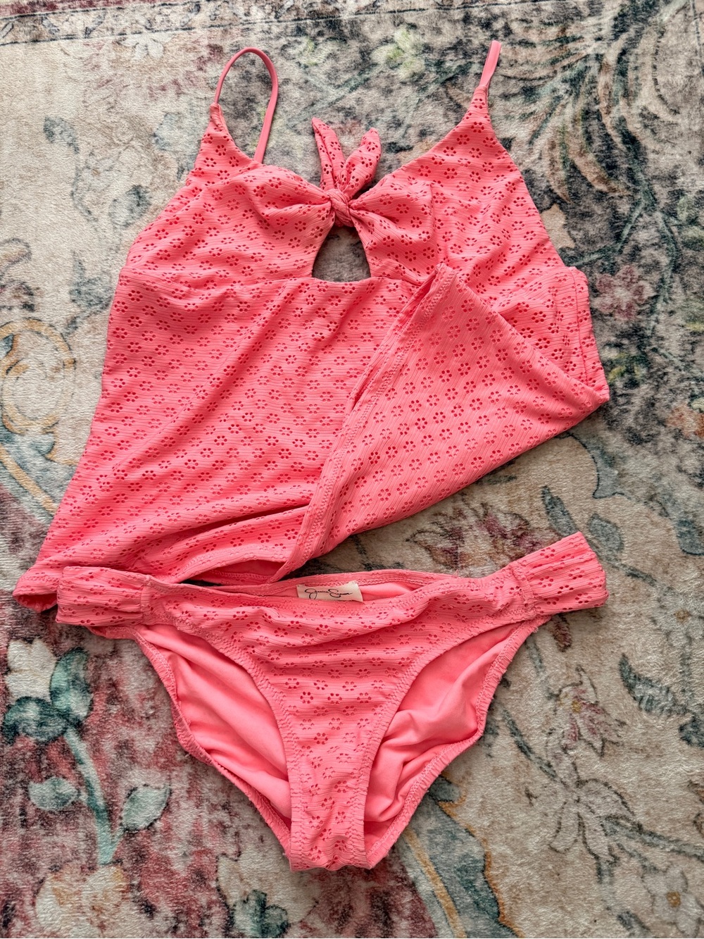 Jessica Simpson Pink Eyelet One-Piece Swimsuit with Bikini Bottom